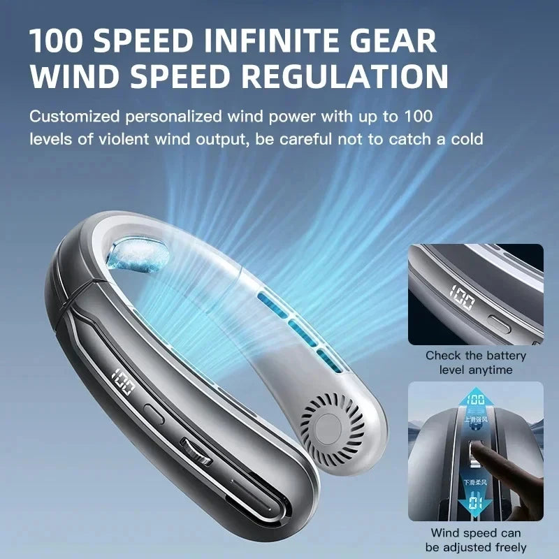 Cooling Fan 8000mAh USB Hanging Neck Fan Portable Leafless Mini Charging Mute LED Digital Display Electric Air Cooler, Cool.