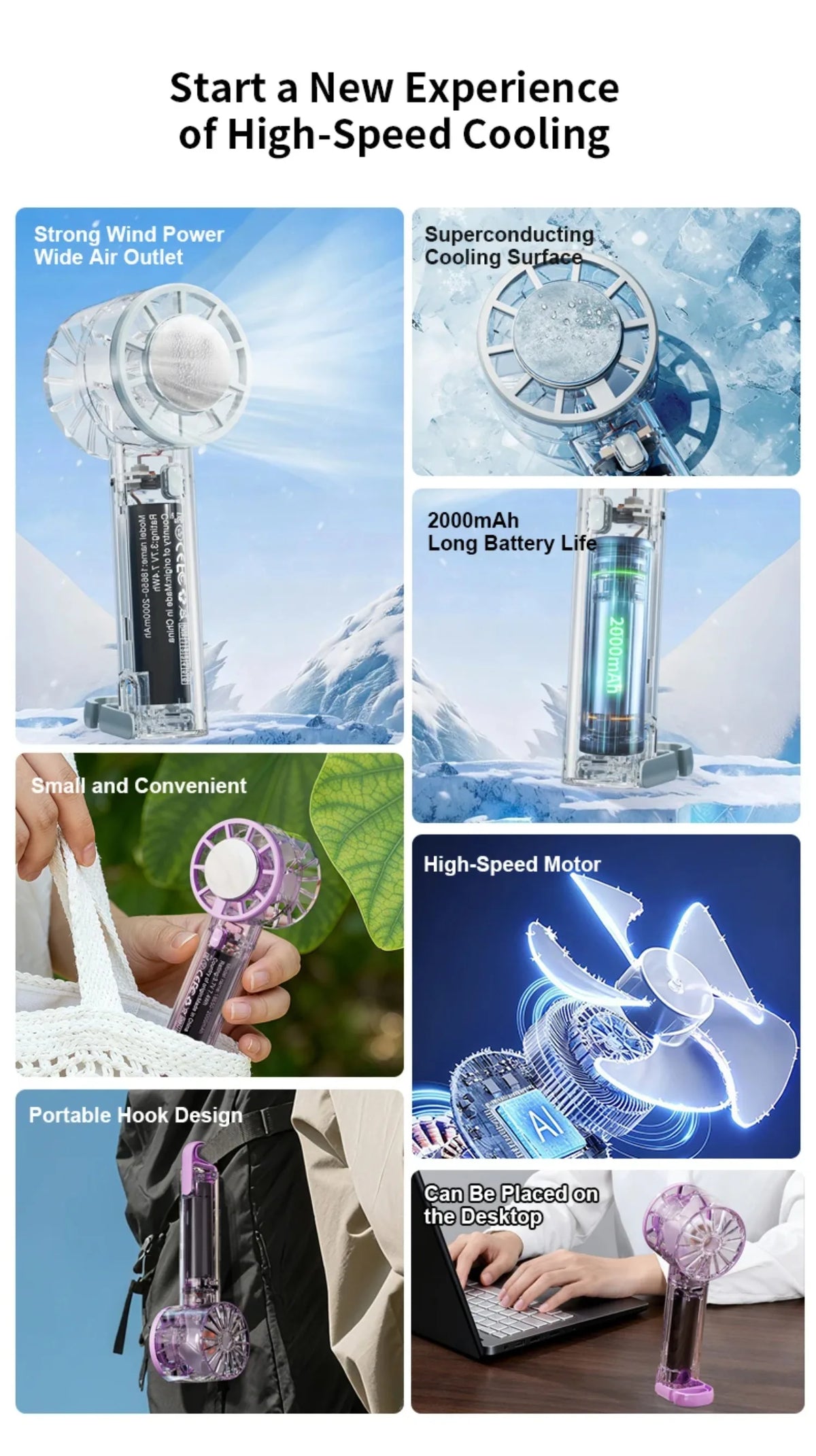 18°C Ice Cool Technology Handheld Fan Instant Cooling 2000mAh Portable Mini Fan For Outdoor Sports Work Study