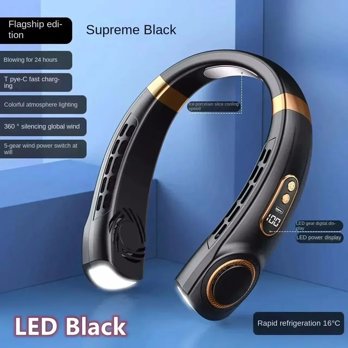 Cooling Fan 8000mAh USB Hanging Neck Fan Portable Leafless Mini Charging Mute LED Digital Display Electric Air Cooler, Cool.