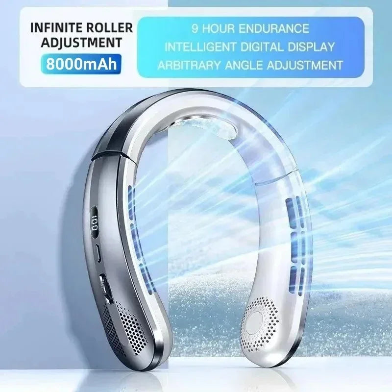 Cooling Fan 8000mAh USB Hanging Neck Fan Portable Leafless Mini Charging Mute LED Digital Display Electric Air Cooler, Cool.