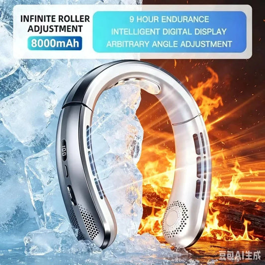 Cooling Fan 8000mAh USB Hanging Neck Fan Portable Leafless Mini Charging Mute LED Digital Display Electric Air Cooler, Cool.