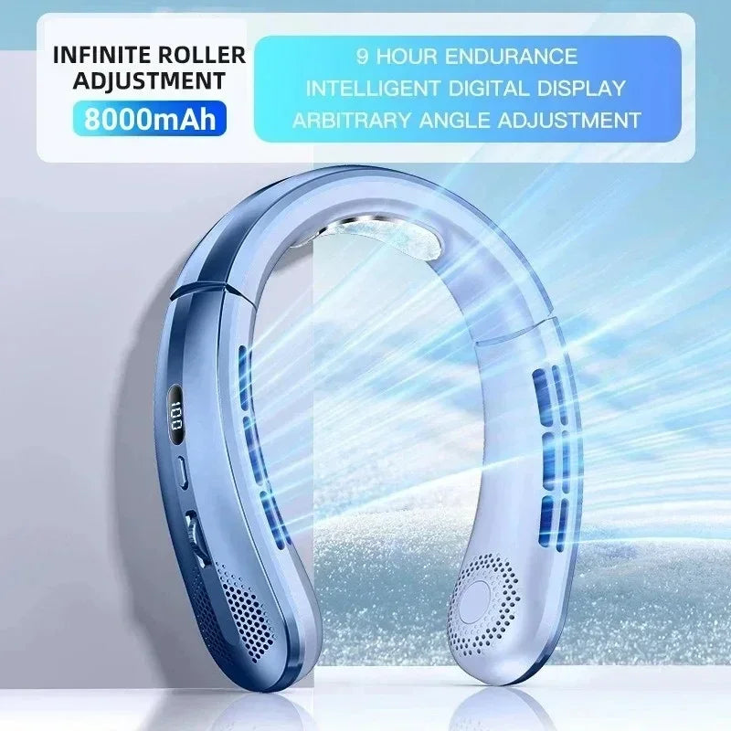 Cooling Fan 8000mAh USB Hanging Neck Fan Portable Leafless Mini Charging Mute LED Digital Display Electric Air Cooler, Cool.