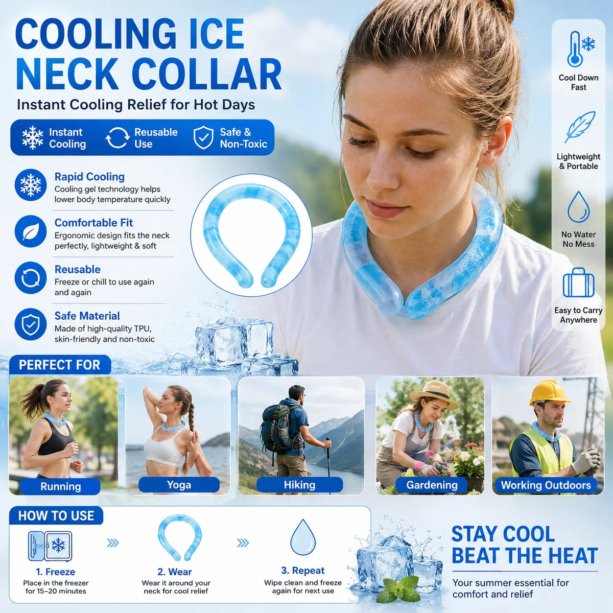 Cooling Neck Ring Ice Collar Summer Cooling Band Women Outdoor Heat Relief Neck Cooler Portable Reusable Cold Therapy Accessory