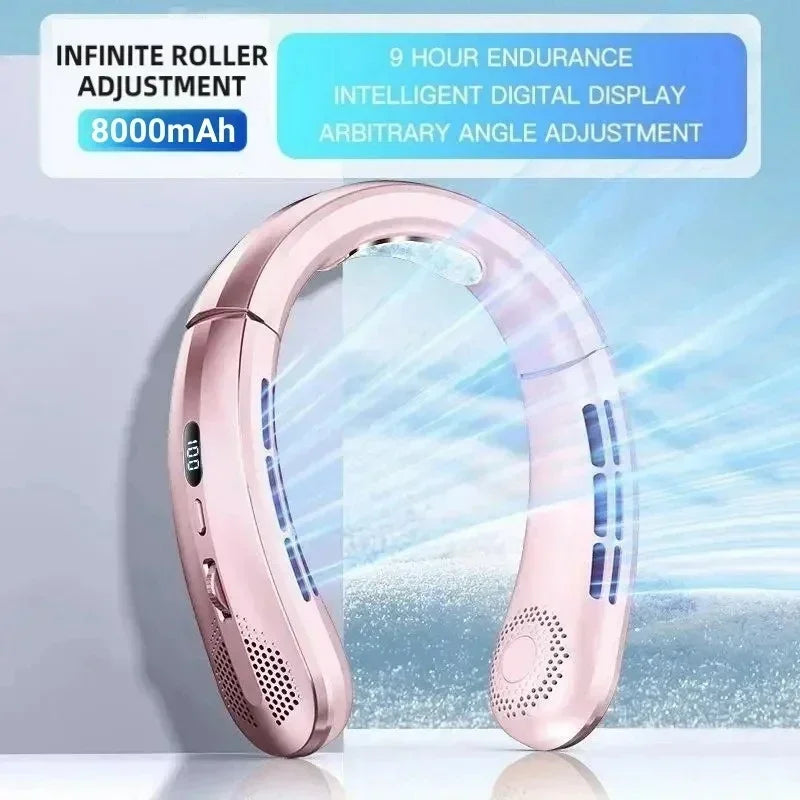 Cooling Fan 8000mAh USB Hanging Neck Fan Portable Leafless Mini Charging Mute LED Digital Display Electric Air Cooler, Cool.