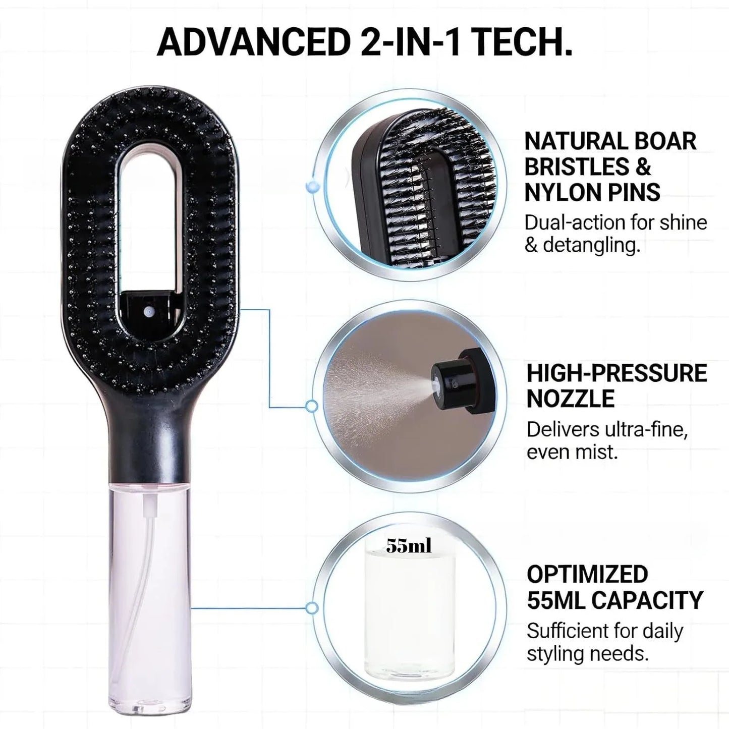 2 in 1 Spray Massage Comb Essential Oil Water Spray Bottle Anti Static Scalp Massager for Hair Detangling Daily Hair Care Salon