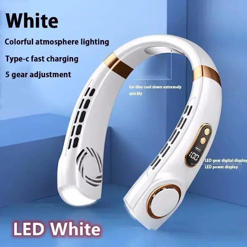 Cooling Fan 8000mAh USB Hanging Neck Fan Portable Leafless Mini Charging Mute LED Digital Display Electric Air Cooler, Cool.